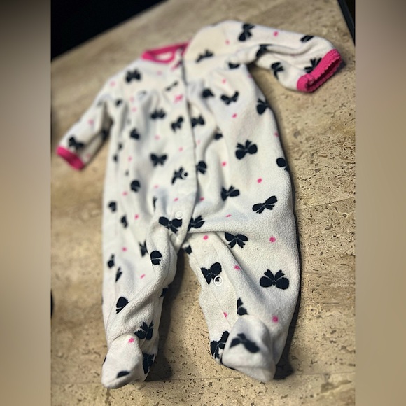 Newborn Bow Print Onesie Footies Pink Trim Long Sleeve Carters - Picture 3 of 7